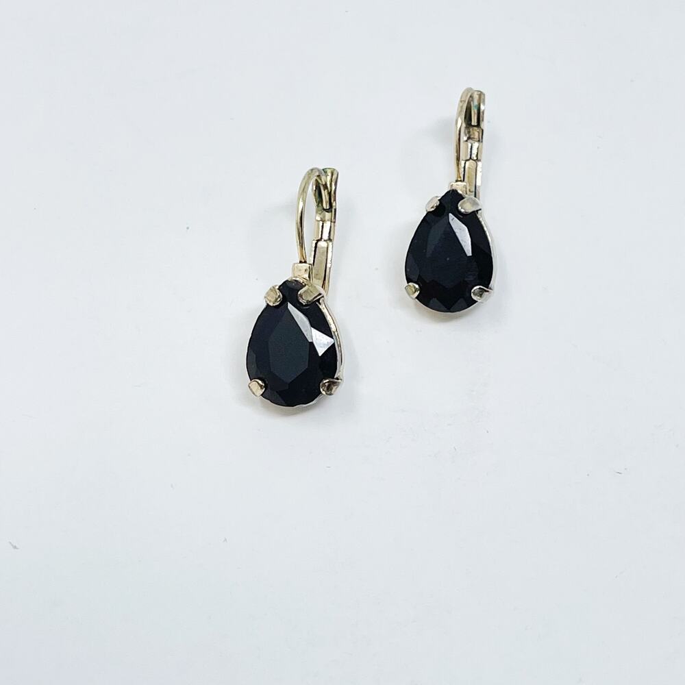 Black Teardrop Gemstone Earrings Gold Tone Fashion Statement